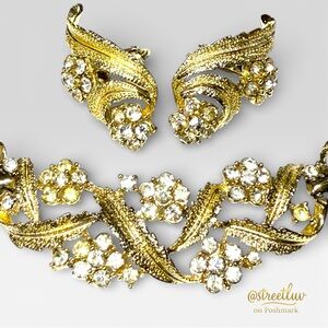 Vintage Coro Gold Tone Rhinestone Necklace & Earring Set